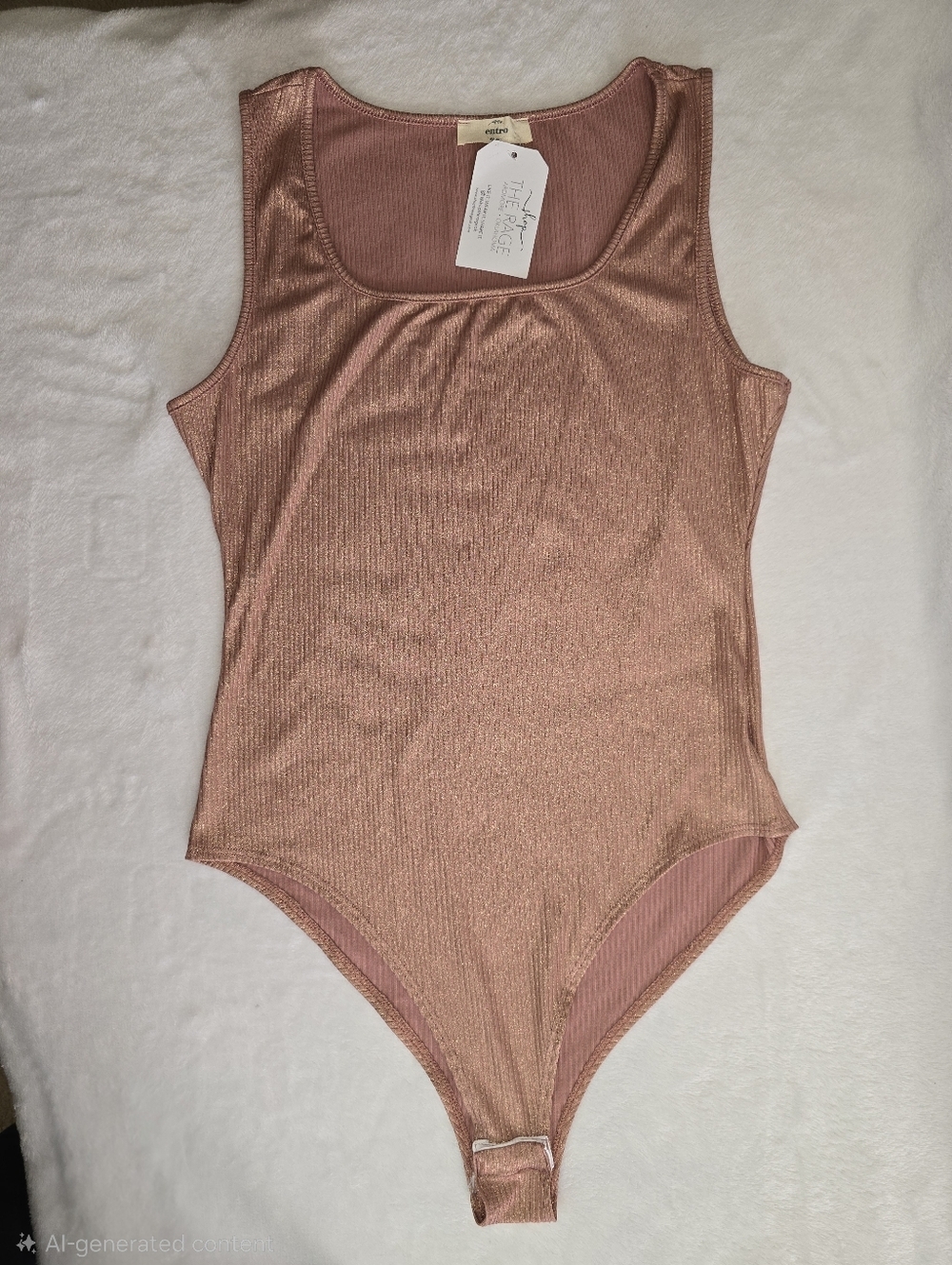Entro Rose Gold Metallic Ribbed Square Neck Bodysuit Womens Size Large, NWT